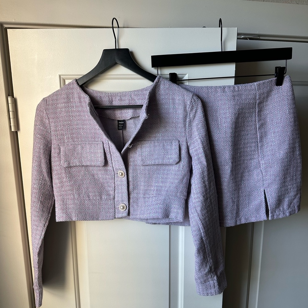 Cropped Lavender Tweed Jacket & Skirt Set - Small
